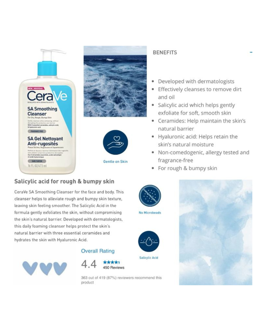 CeraVe SA Smoothing Cleanser For Dry, Rough Bumpy Skin (473ml)
